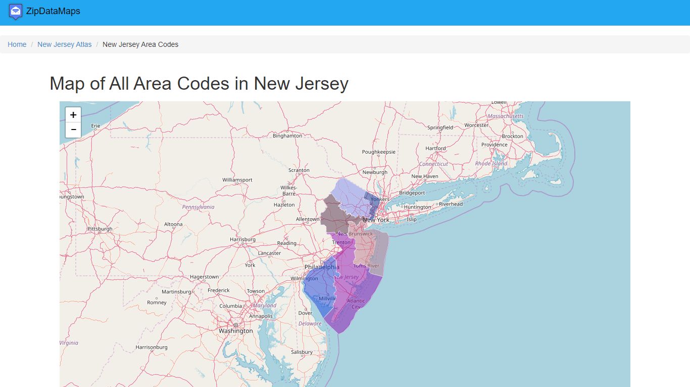 Map of All Area Codes in New Jersey - August 2022 - Zipdatamaps.com
